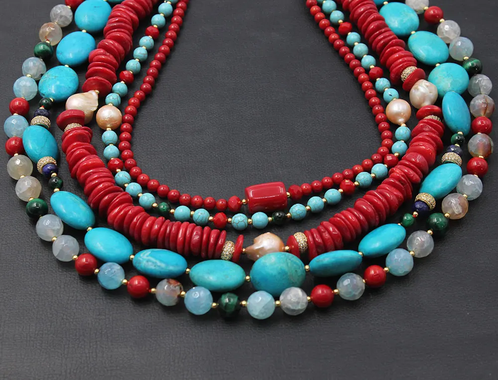 GG 5 Rows Freshwater Keshi Pearl Howlite Rondelle Tiger eye Red Coral Lapis Crystal Statement Necklace Handmade For Women