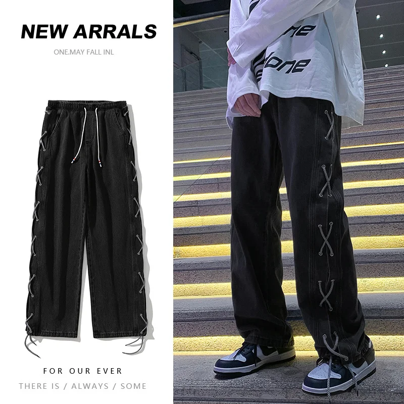 Drawstring strap jeans men\'s loose straight tube oversize American vibe pants high street fashion brand streetwear hiphop winter