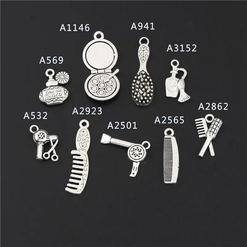 18pcs Mix Silver Color Perfume Comb Hair Dryer Charms Making Beautiful Girl Make Up Pendant Handmade Jewelry Accessories M137