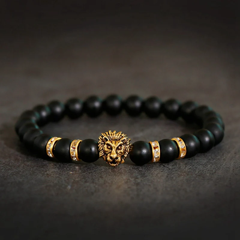 Classic Lion Bracelet Men Fashion Black Matte Stone Handmade Beaded Charm Bracelet Men Jewelry Pulsera Hombre