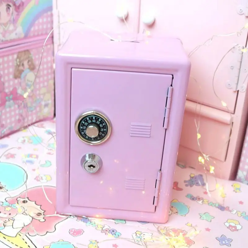 Kawaii Safe Box Decorative Savings Box Piggy Bank Metal Iron Mini Dormitory Storage Pink INS Cabinet Money Box