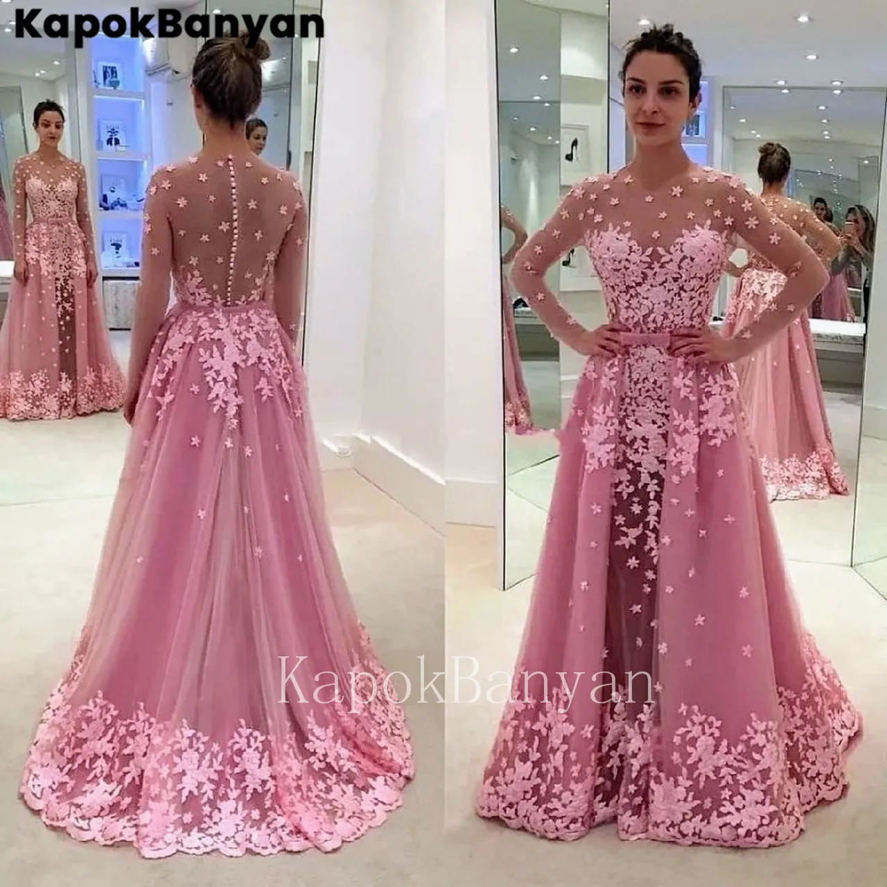 Detachable Tulle Train Prom Dress Illusion Scoop Neck Zipper Lace Formal Evening Gown KB166