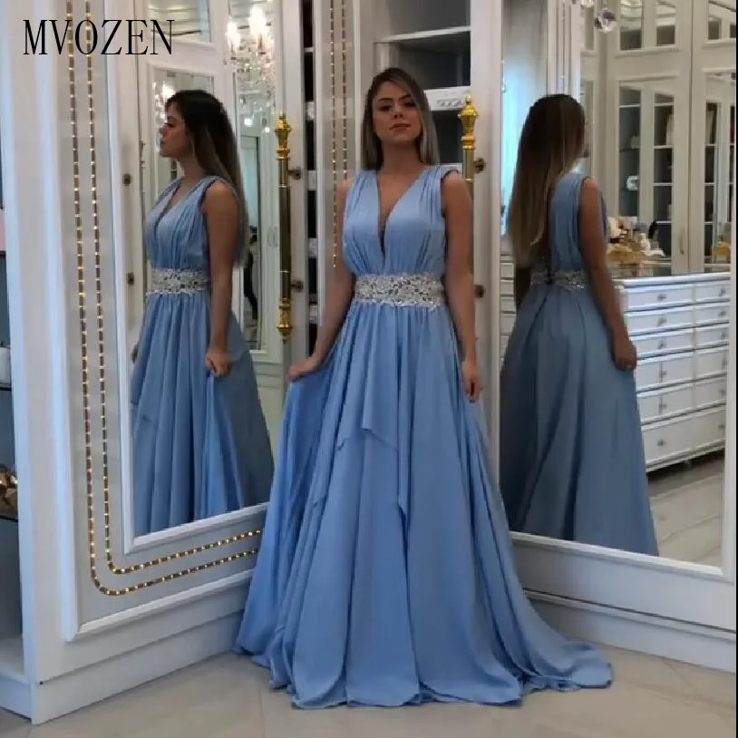 Sky Blue Long Evening Dress 2023 Chiffon V-Neck Beaded Pleat Floor Length Formal Gowns Evening Dresses Vestido de festa Longo