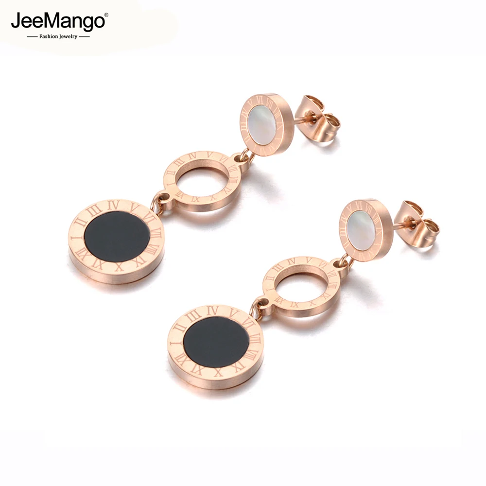 JeeMango Trendy Stainless Steel 3Pcs Disc Roman Numerals Dangle Earrings For Women Girl Shell & Acrylic Bohemia Earrings JE19184