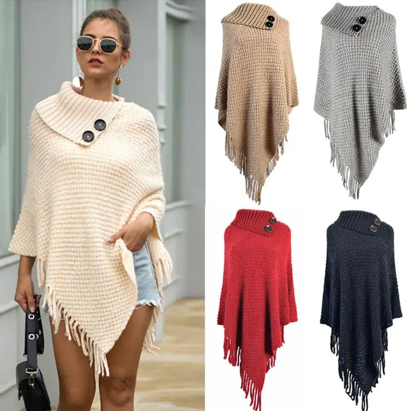 Women Knitted Pullover Sweater Top Half Opened Collar Buttons Warm Shawl Wrap Fringe Tassels Hem Solid Color Poncho Cape Cloak