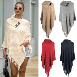 Women Knitted Pullover Sweater Top Half Opened Collar Buttons Warm Shawl Wrap Fringe Tassels Hem Solid Color Poncho Cape Cloak