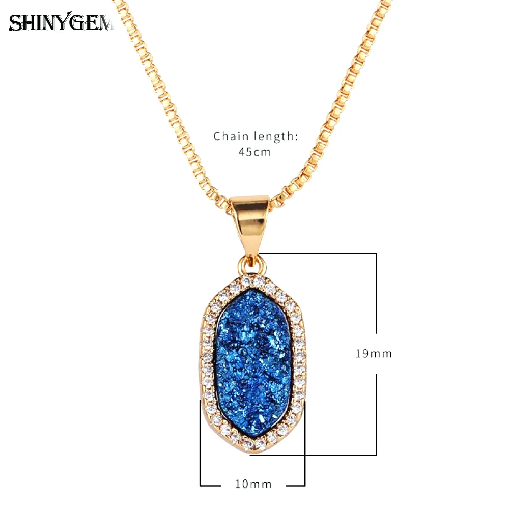 

ShinyGem New Fashion Hexagon Chakra Crystal Druzy Necklaces Amulet Gold Plating Chain Natural Stone Pendant For Women wedding