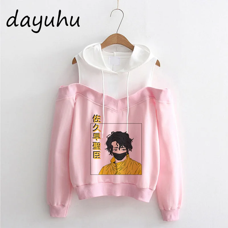 Japanese Anime Haikyuu Hoodies Off Shoulder Funny Karasuno Graphic Streetwear Winter Warm Fashion Manga Sweatshirts Female Y2k