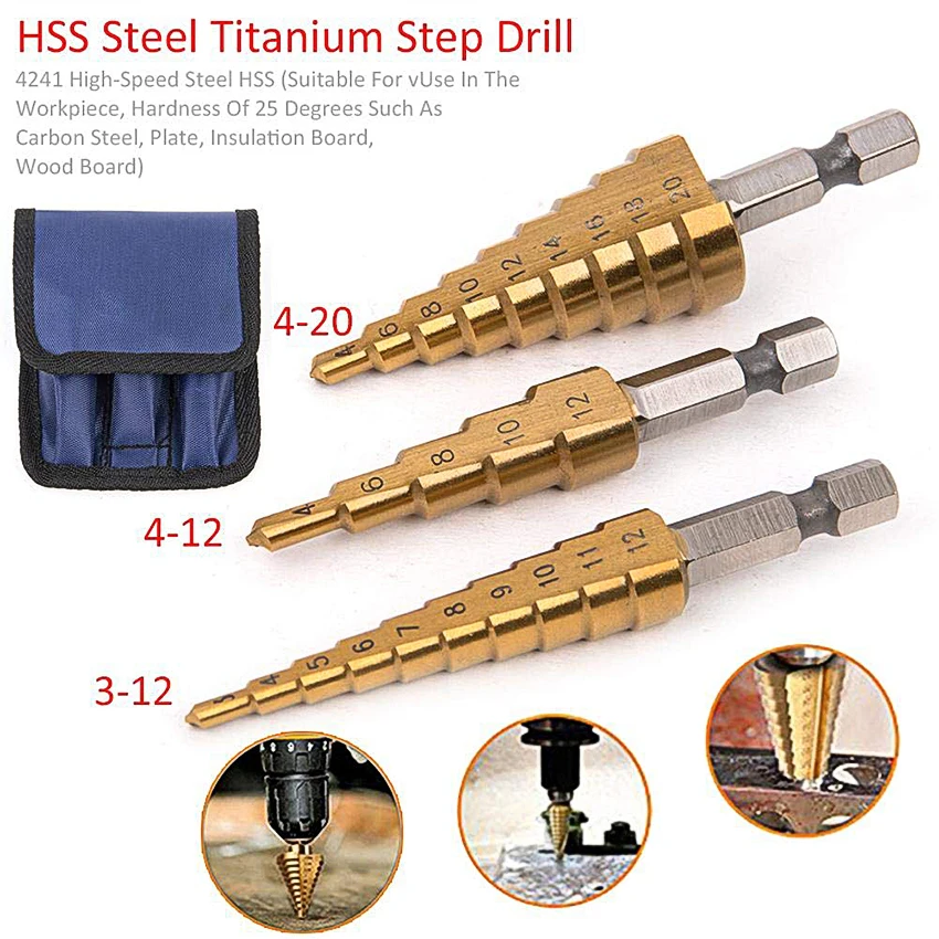 

3Pcs High Speed Steel Step Cone Taper Drill Bits Titanium Coated Metal Hex Core Power Tools 3-12mm 4-12/20mm