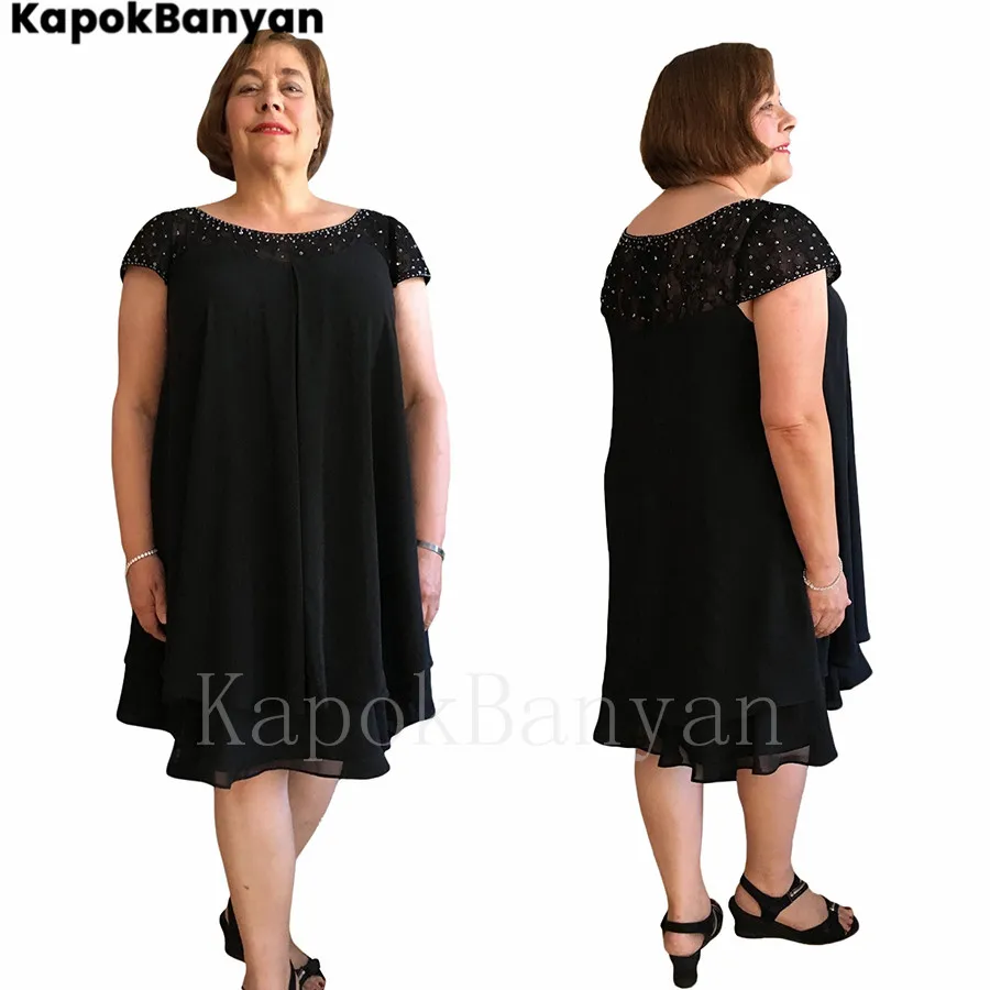 

Plus Size Knee Length Chiffon Mother of the Bride Dress Beads Scoop Neck Short Sleeves Summer Shirt