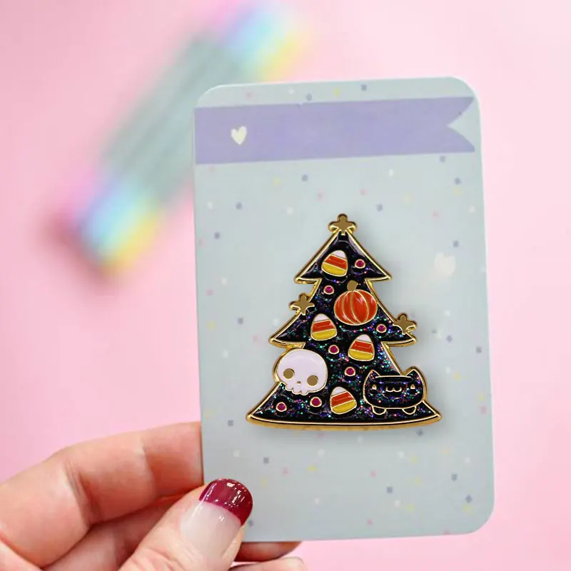 Glitter Christmas Tree Brooch Pumpkin Candy Corn Fudge Black Cat Skull Ghost Lapel Pin Halloween Accessory