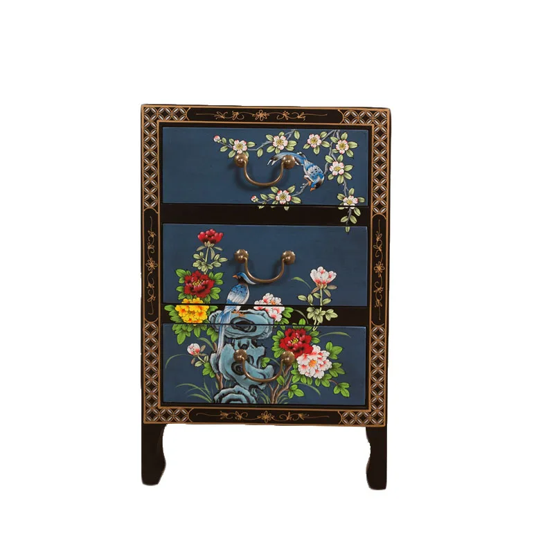 

TT Hand-Painted Bedside Table New Chinese Classical Antique Reproduction Furniture Camphor Wood Blue Hand-Painted Three-Bucket