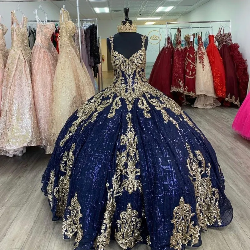 Navy Blau vestidos de xv 15 años Pailletten Abendkleider Korsett Zurück Ballkleid Prom Süße 16 Kleid robe de princesse fille