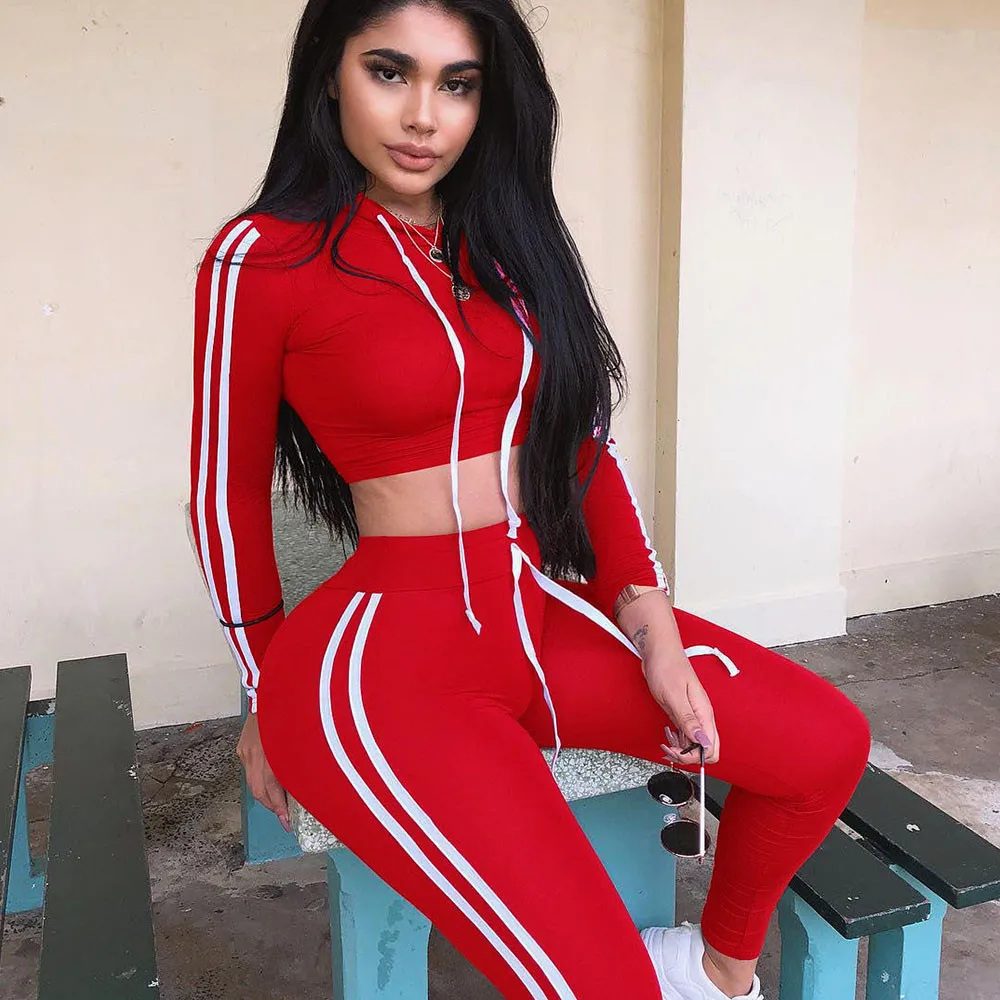 

Fitness Casual 2 Piece Set Tracksuit Women Side Striped Hoodies Cropped Tops and Pants Jogger Two Piece Outfits Chandal Mujer