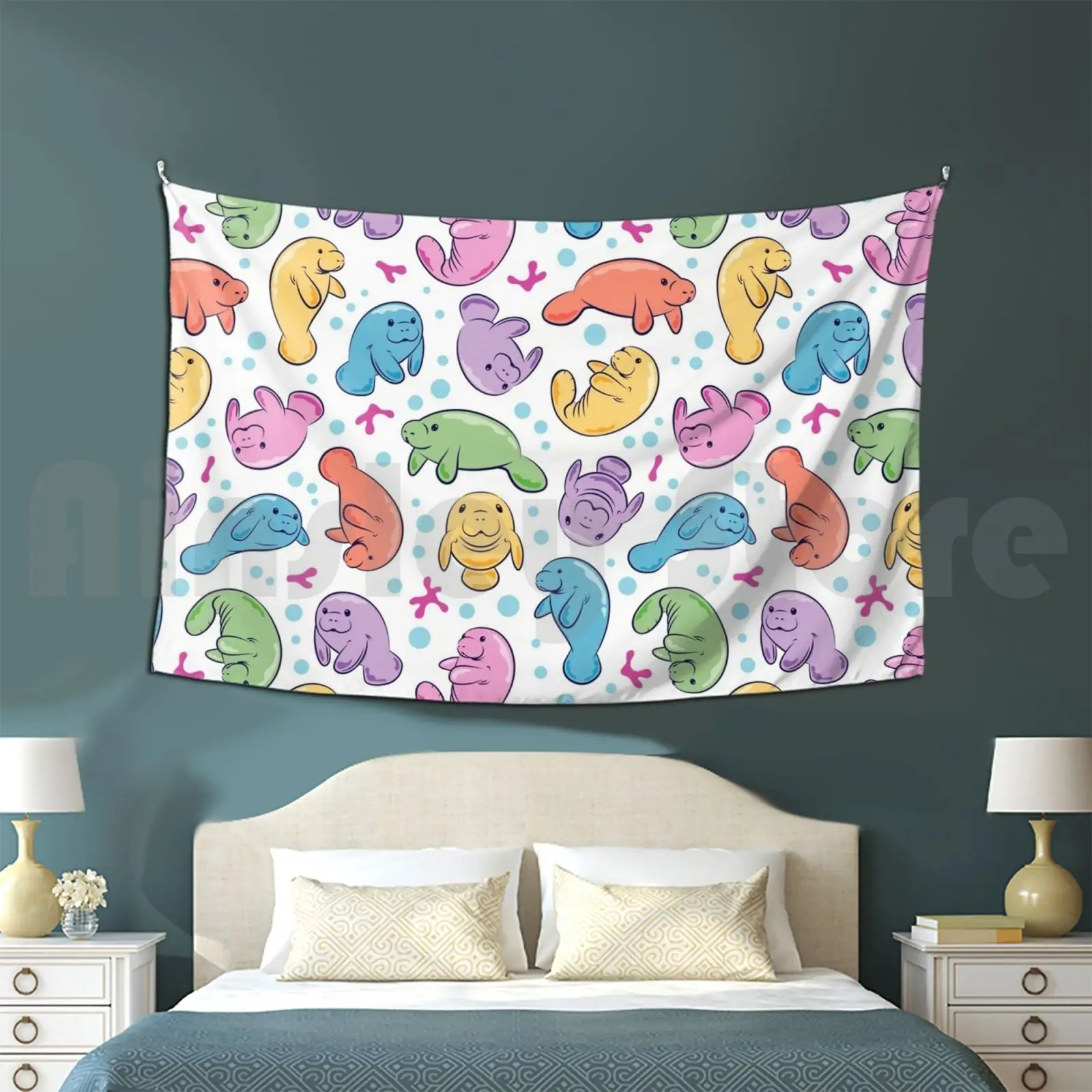 Cute Manatee Pattern-Colorful Underwater Pattern Tapestry Living Room Bedroom Manatee Manatee Manatee Manatee Save