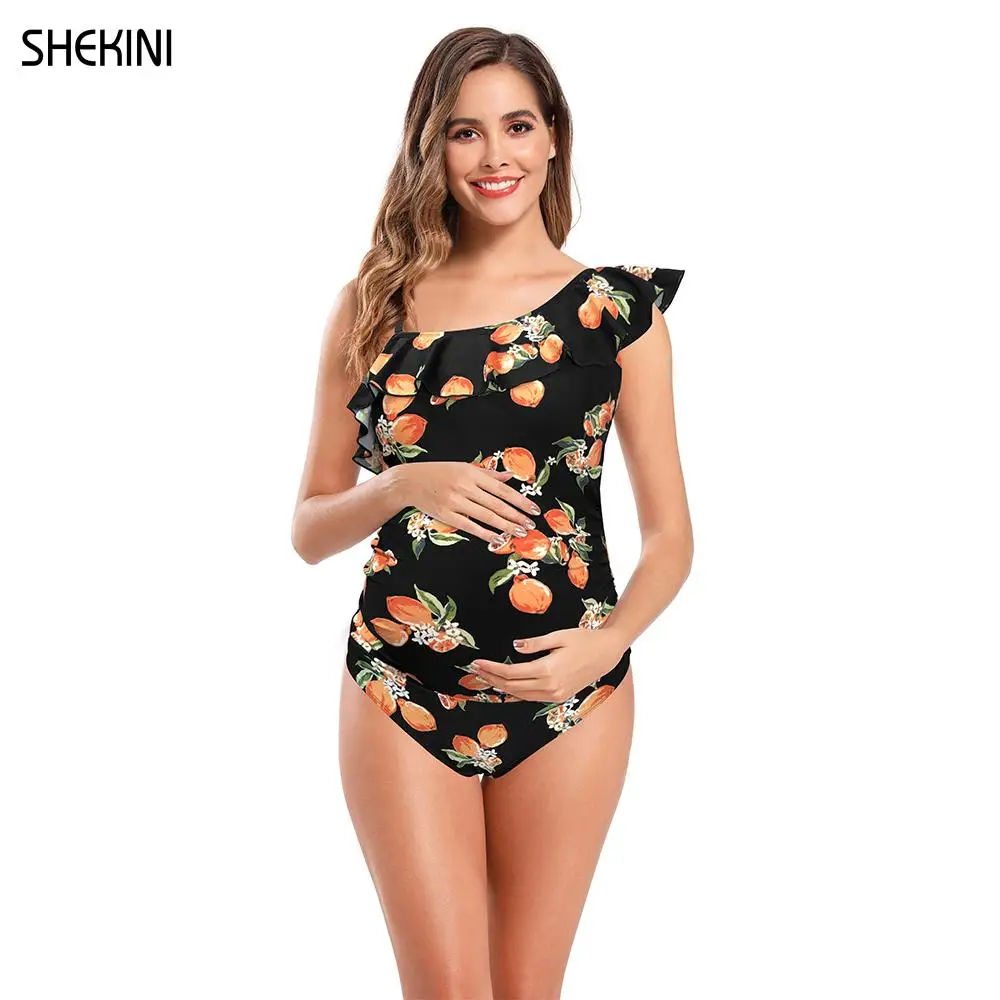 

SHEKINI Women One Piece Maternity Swimsuits One Shoulder Ruffle Floral Print Swimwear Removable Padded Pregnancy Monokini