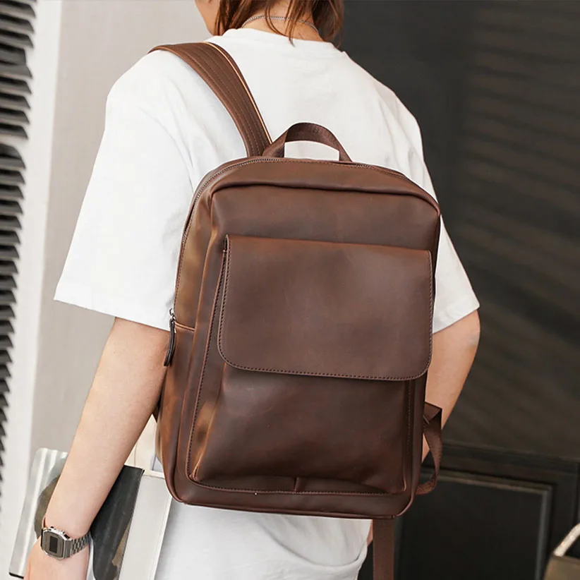 

Korean style Men's Backpack Shoulder bags Retro Coffee PU Leather 13" Laptop Backpacks Travel bag Male Schoolbag Backpack 2023