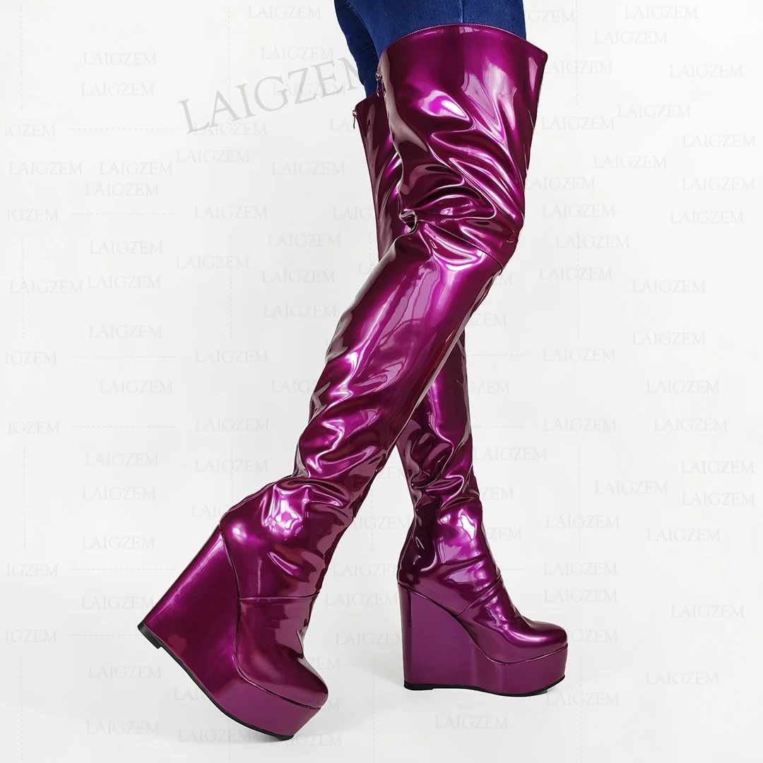 LAIGZEM SUPER Women Over Knee Boots Shiny Platform Wedges Thigh High Boots Unisex Zip Up Ladies Shoes Woman Big Size 42 45 50 52