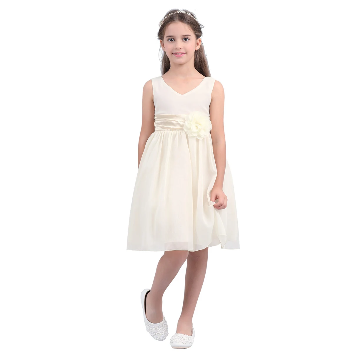 

Flower Girls Dress Kids Elegant Chiffon Party Dress Sleeveless V-Neck Applique Wedding Pageant Evening Ball Gown Princess Dress