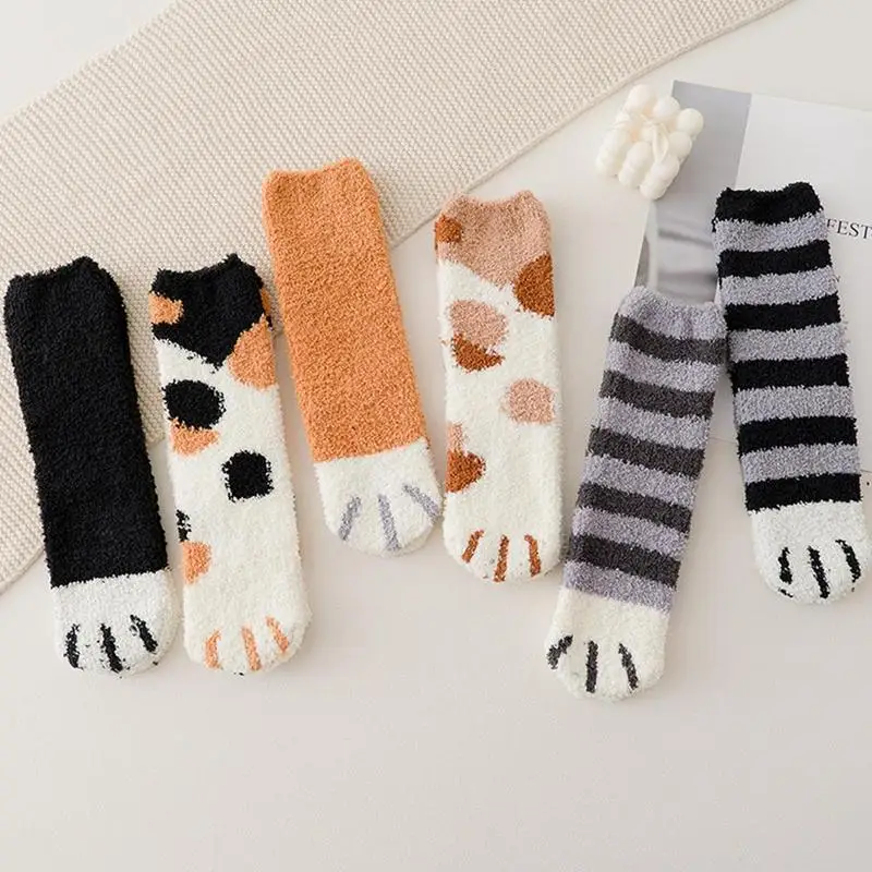 

Autumn And Winter Coral Fleece Socks Female Mid-tube Cat Paw Plus Fleece Thickening Warm Half Fleece Floor Sleeping Pile Pile So