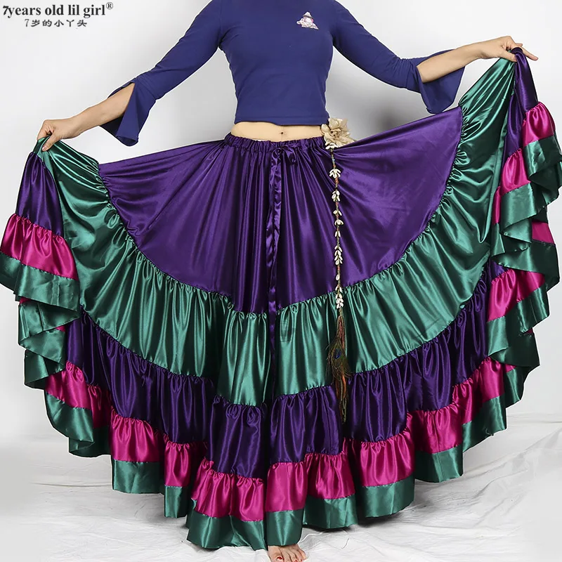 2024 Belly Dancing Tribal Ruffle Flamenco 720 Degree Satin 25 Yard 4 Tiered Skirt Gypsy Skir 9EX54