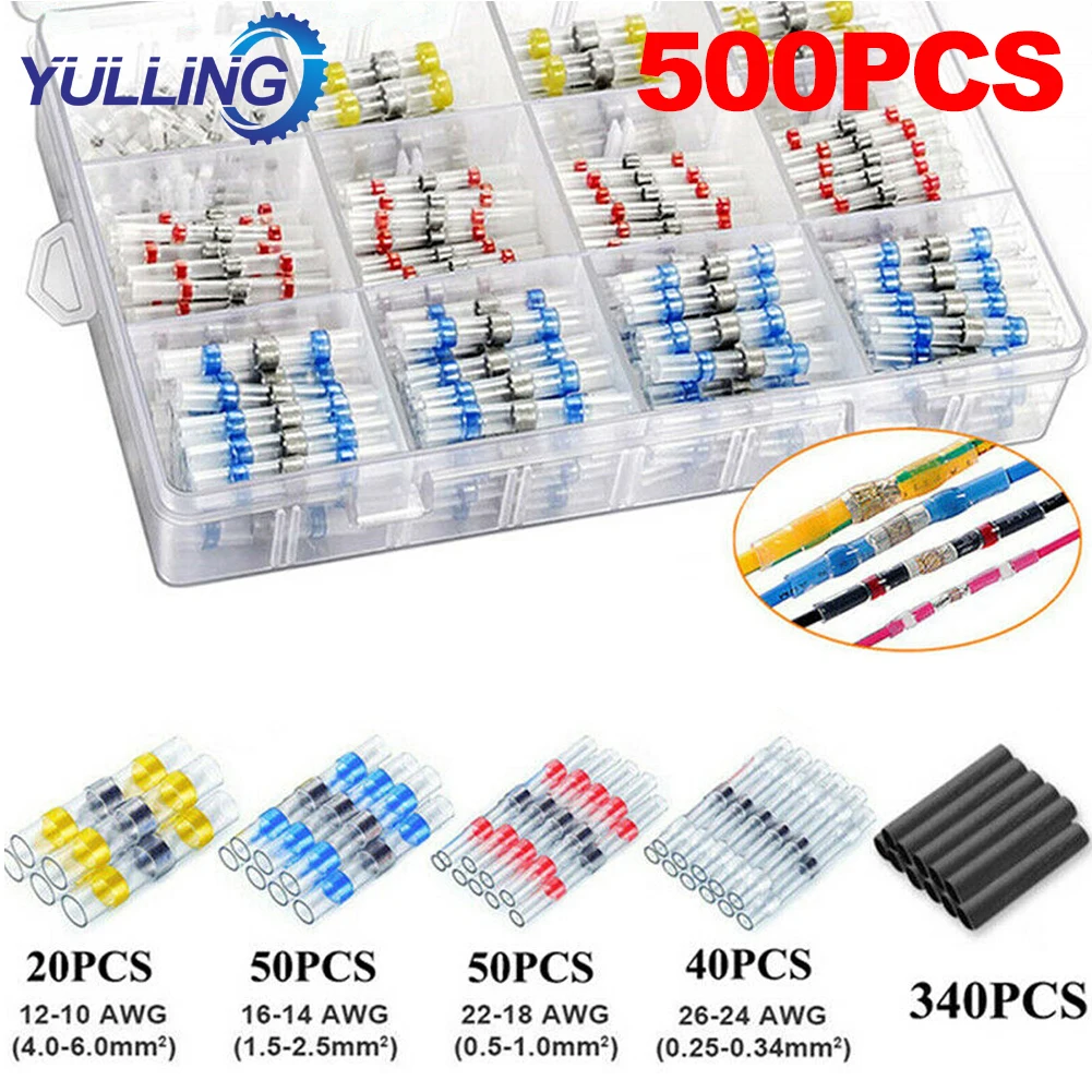 500PCS Waterproof Solder Seal Sleeves Heat Shrink Butt Wire Connectors Electrical Cable Splice Tinned Terminals Universal