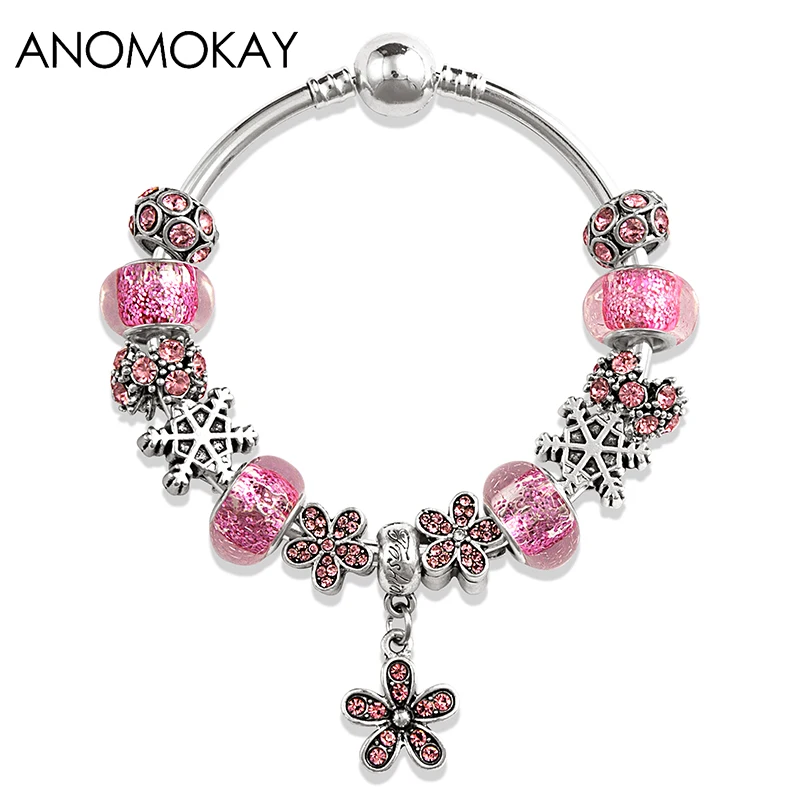 Original Design Pink Crystal Flower Plant Charm Bracelet Bangle European American Fashion Diy Bead Bangle Silver Plated Jewelry