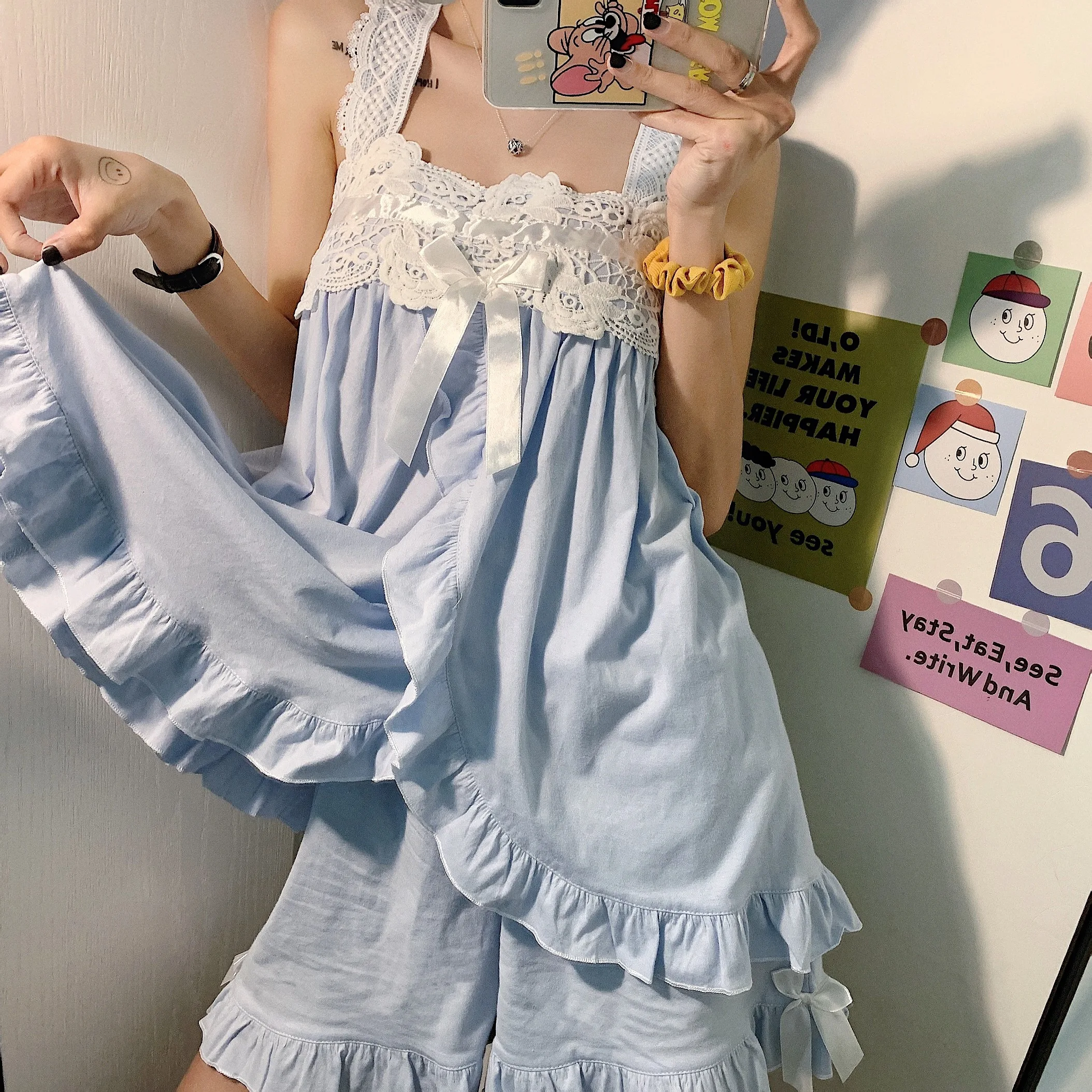 Pyjama d'été à bretelles et nœud pour femme, vêtement de maison, tenue lolita, robe kawaii, Style japonais, adorable, feuille de Lotus, nouveauté 2021