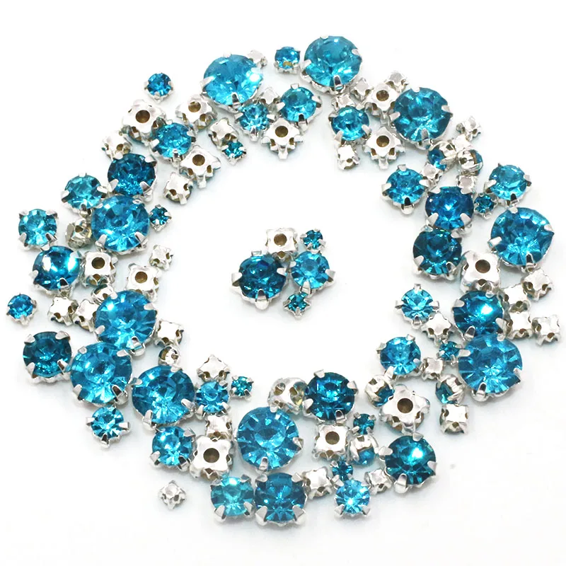 Hot sale Garment beads 100pcs/pack Mixed size Lake blue glass crystal sliver base sew on rhinestones diy clothing accessories