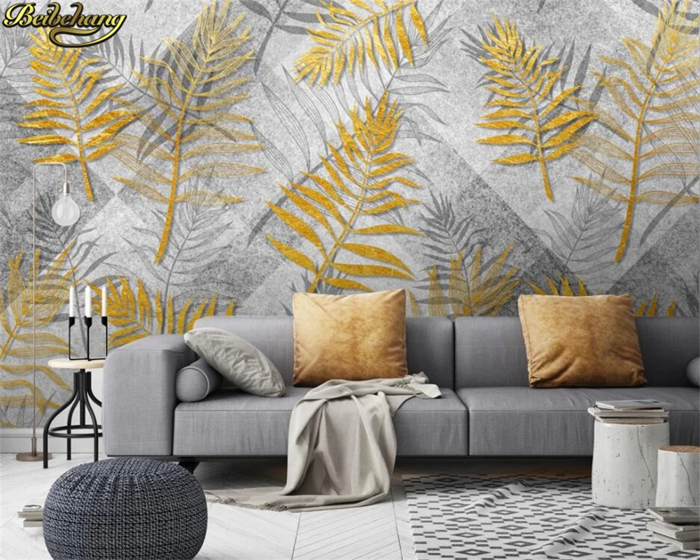 beibehang Custom 3d wallpaper mural european creative hand painted golden tropical plant leaf geometric mural background wall