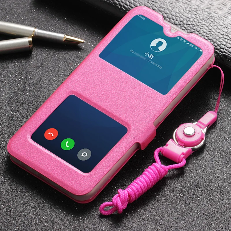 Business Double View Window Flip PU Leather Case For Xiaomi Redmi K20 K30 K40 Pro Plus Note 9 8 7 5 Pro 4 4X 8A 6A Lanyard Cover
