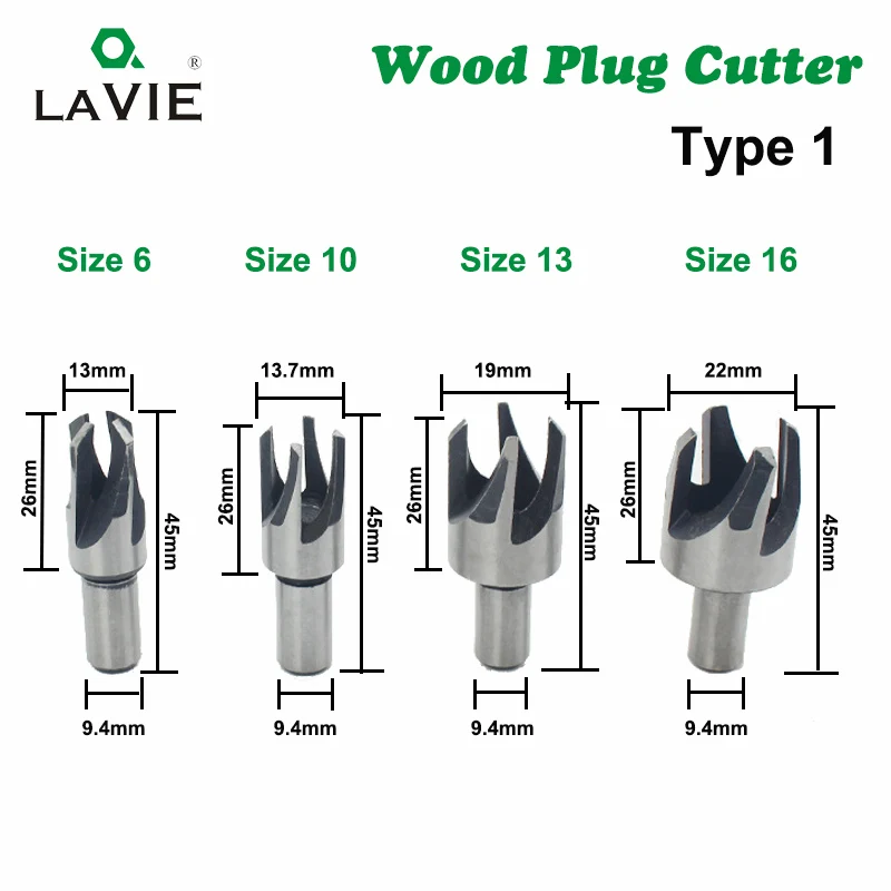 LAVIE-Juego de cortadores de enchufe para madera, herramienta de corte para carpintería, broca de corcho con garra, 5/8, 1/2, 3/8, 1/4, DB03010, 4 Uds.