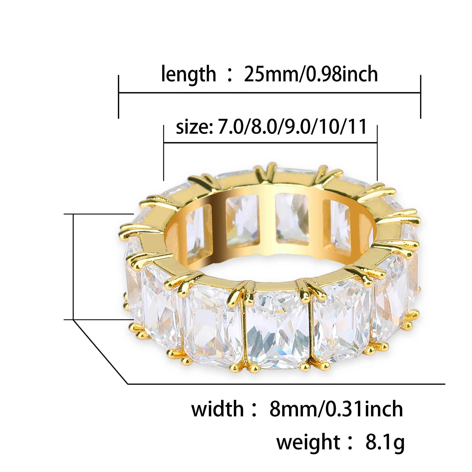 TOPGRILLZ 1 Row Solitaire Tennis Men\'s Ring Copper Charm Baguette Cubic Zircon Iced Ring Fashion Hip Hop Jewelry For Gifts