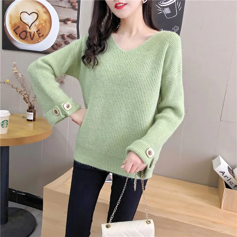 

H9518 Autumn Winter Women Pullover Sweater Female Loose Soft Warm Jumper Tops Student Girl Long Sleeve V Collar Sweaters Clothes