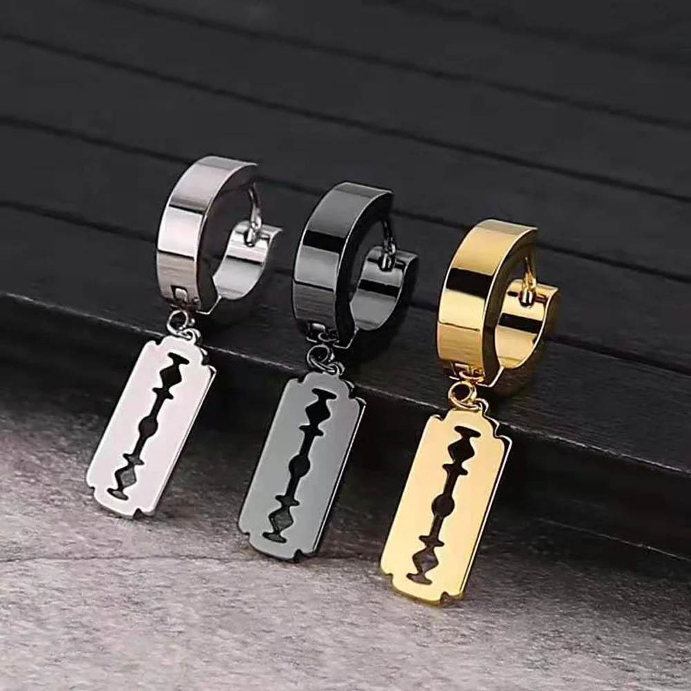 Stainless Steel Gold Silver Plated Razor Blade Drop Earrings Small Hoop Dangle Earring Rock Roll Men Women Gift Party Jewelry