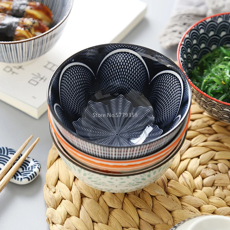 4 Pcs/set 4.5 Inch Rice Bowl Ceramic Tableware Thread Underglaze Color Support Oven and Dishwasher