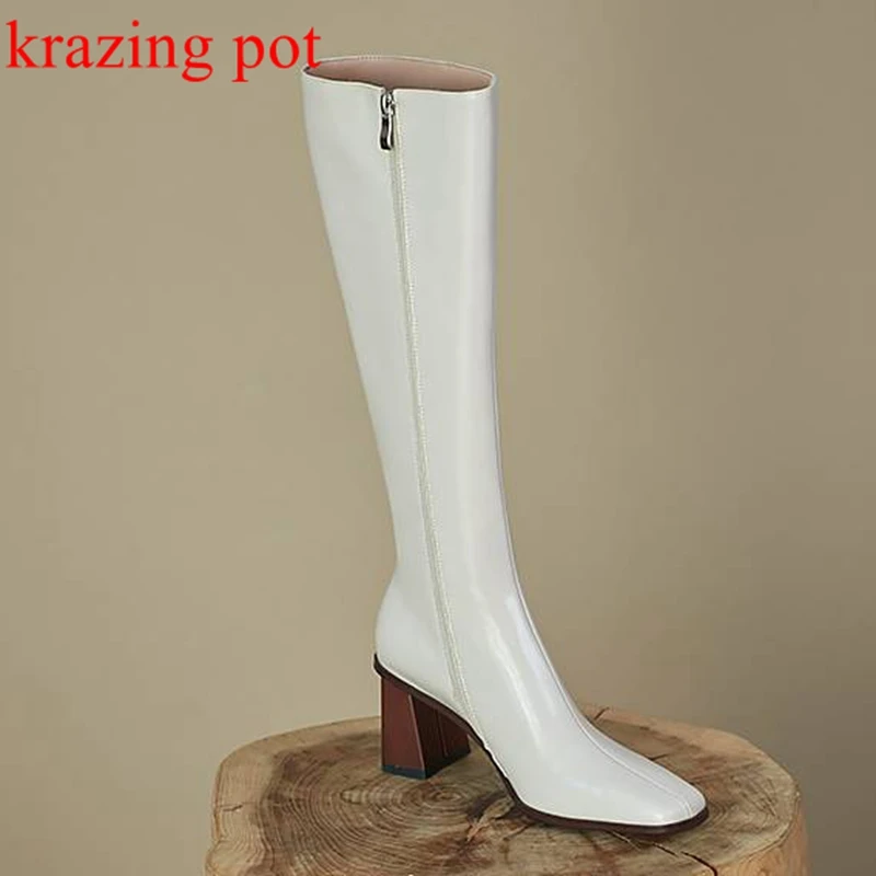 

Krazing Pot Big Size Cow Leather Thick High Heels Modern Boots Square Toe Winter Zip European Brand Model Career Knee-high Boots