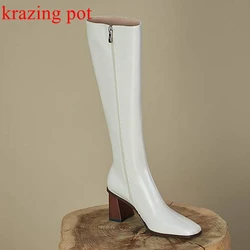 Krazing Pot Big Size Cow Leather Thick High Heels Modern Boots Square Toe Winter Zip European Brand Model Career Knee-high Boots