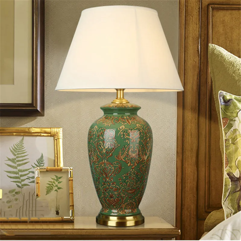 Large Vintage Green Dimmer Ceramic Table Lamp Bedside Living Room Study Luxury Porcelain Desk Reading Light 71cm 190115