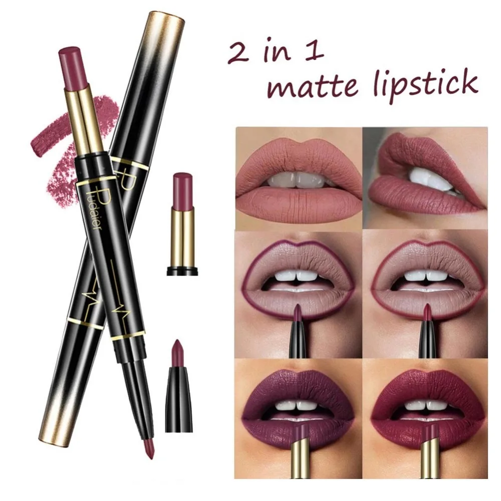 Pudaier Double-end Lip Makeup Lipstick Pencil Waterproof Long Lasting Tint Sexy Red Lip Stick Beauty Matte Liner Pen Lipstick