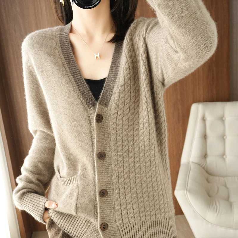 100% Cashmere V-neck sweater Autumn/Winter 2021 Women\'s  Collar Cardigan Casual Knit Tops Korean Plus Size Female Jacket