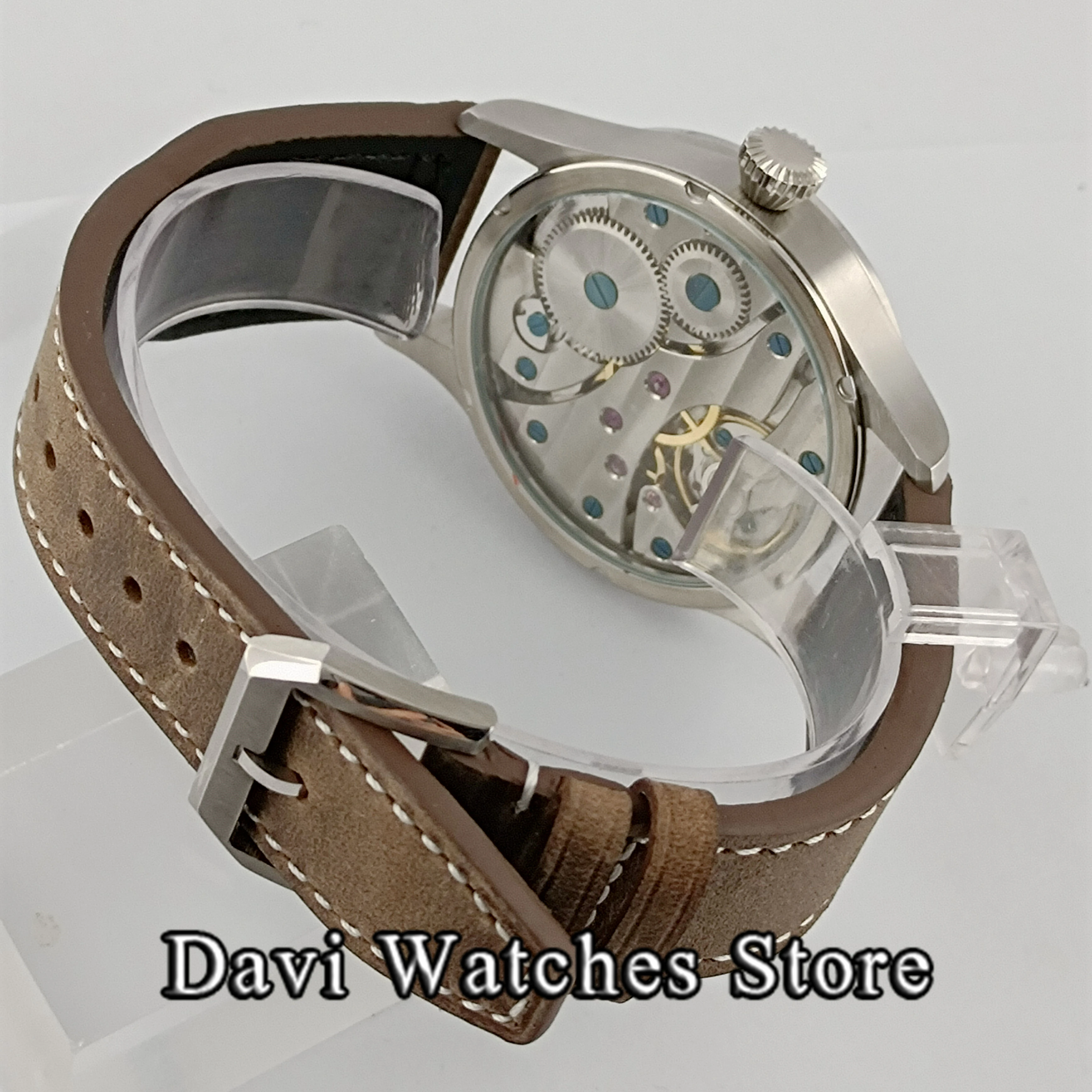 42MM Silver Hand Winding Men\'s Watch Blue Dial Luminous Marks Leather Strap Mechanical 6497 Movement Male Wristwatch