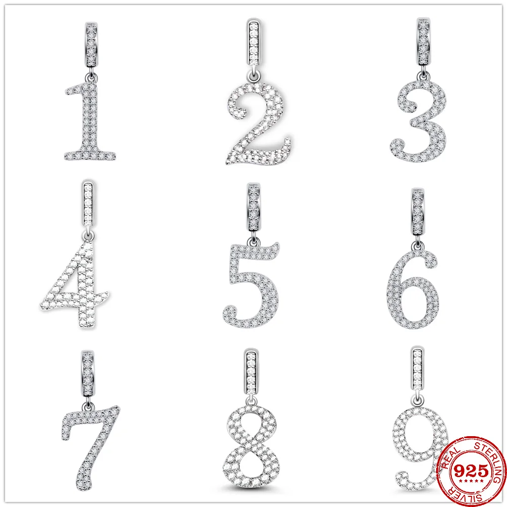 

925 Sterling Silver Shiny Digital Birthday Anniversary Number Dangle Charm Fit Original Pandora Bangle Fashion DIY Woman Jewelry