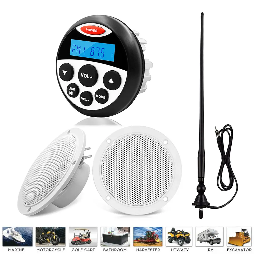 

Waterproof Marine Audio Bluetooth Stereo FM AM Receiver MP3 Player+4inch Marine Boat Speakers For Yacht Motorcycle+Radio Antenna