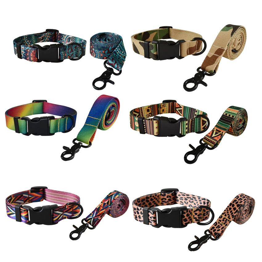 Plastic Release Buckle Dog Leash And Collar Set Nylon Printed Pet Collar Pet Supplies Retailing Fashion Handmade French Bulldog