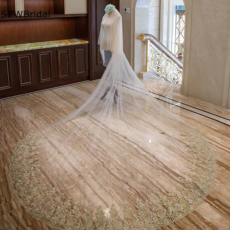 New Arrival Champagne Lace Appliques Cathedral Wedding veils 3 Meter Wedding accessoire mariage Sexy Bride voile femme musulman