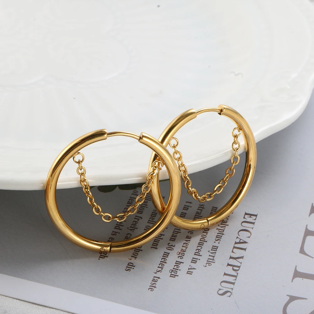 2PC /Set Stainless Steel Small Hoop Earrings for Women Golden Circle Thick Ear Ring Piercing Tassel With Chain Earrings Jewelry