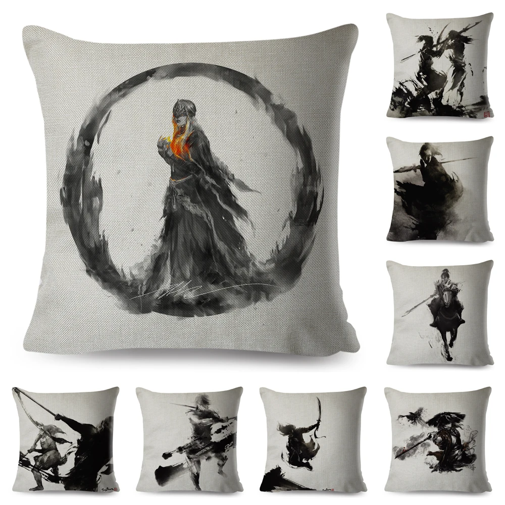 

Water Color Chinese Kung Fu Pillow Case Cartoon Ink Polyester 45x45 cm Decor Printed Cushion Cover for Sofa Home Pillow Covers