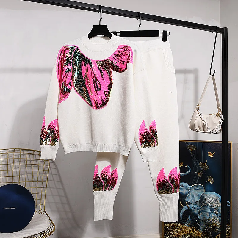 Spring Autumn New Sweater Women Outfits Fashion Sequins Embroidery Long-Sleeve Knitwear + Little Feet Pants Two Piece Set H1326