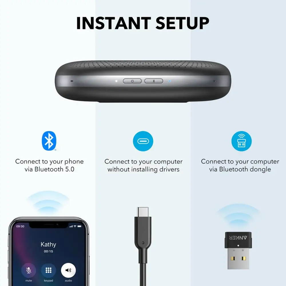 Anker PowerConf+ Bluetooth Speakerphone with Bluetooth Dongle, 6 Mics, Enhanced Voice Pickup, 24H Call Time, Bluetooth 5,